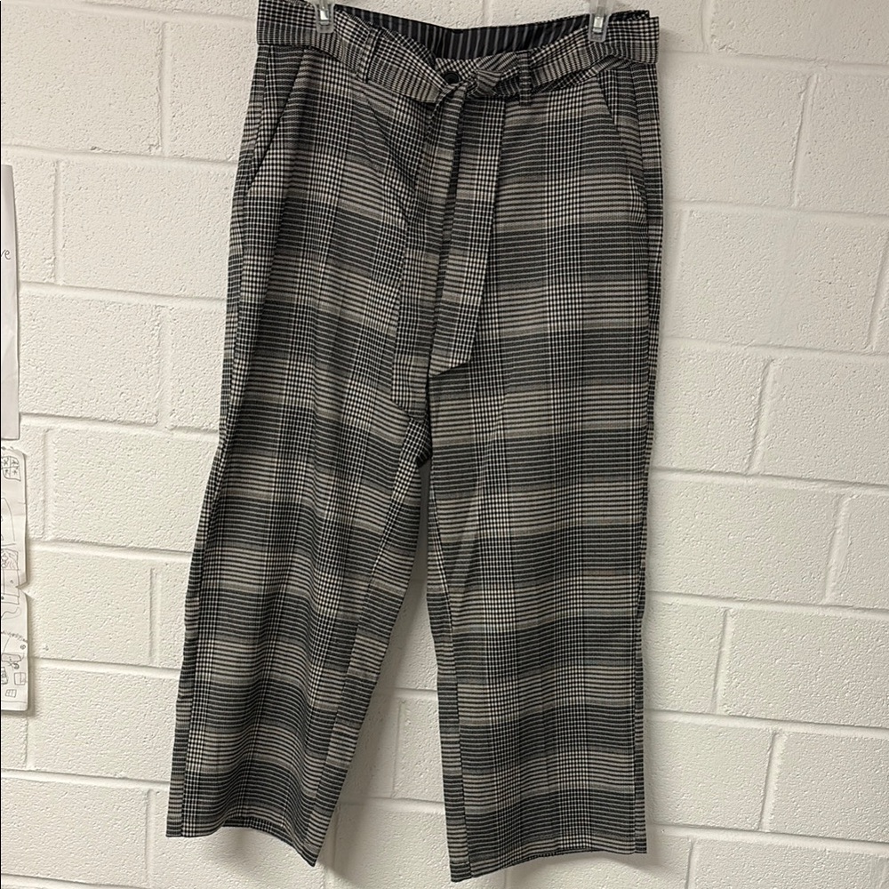 Tan Black and Brown Cropped Wide Leg Checkered Trousers with Belt